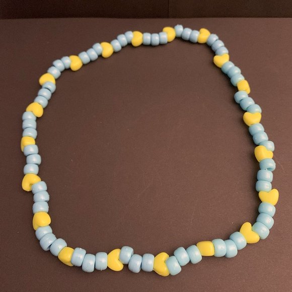 Yellow Hearts and Blue Beaded Kandi Necklace Rave & Festival Accessory - Picture 1 of 2